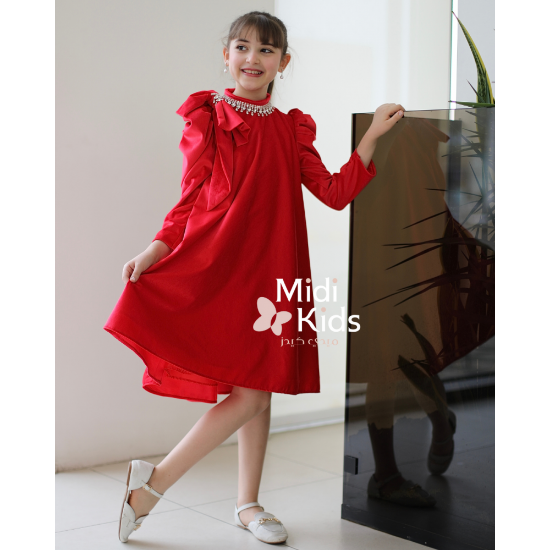 صورة فستان بناتي مخمل أحمر ناعم | فيونكة كتف وإكسسوار رقبة فاخر - m3788